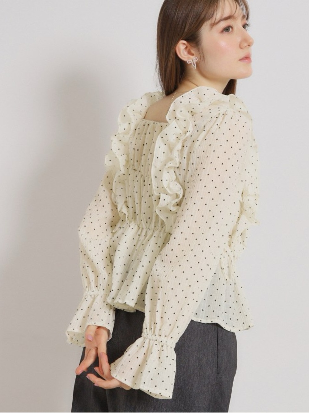 june & hudson White Smocked Peplum Blouse with Black Dot Print Plus size 1X - Picture 12 of 13